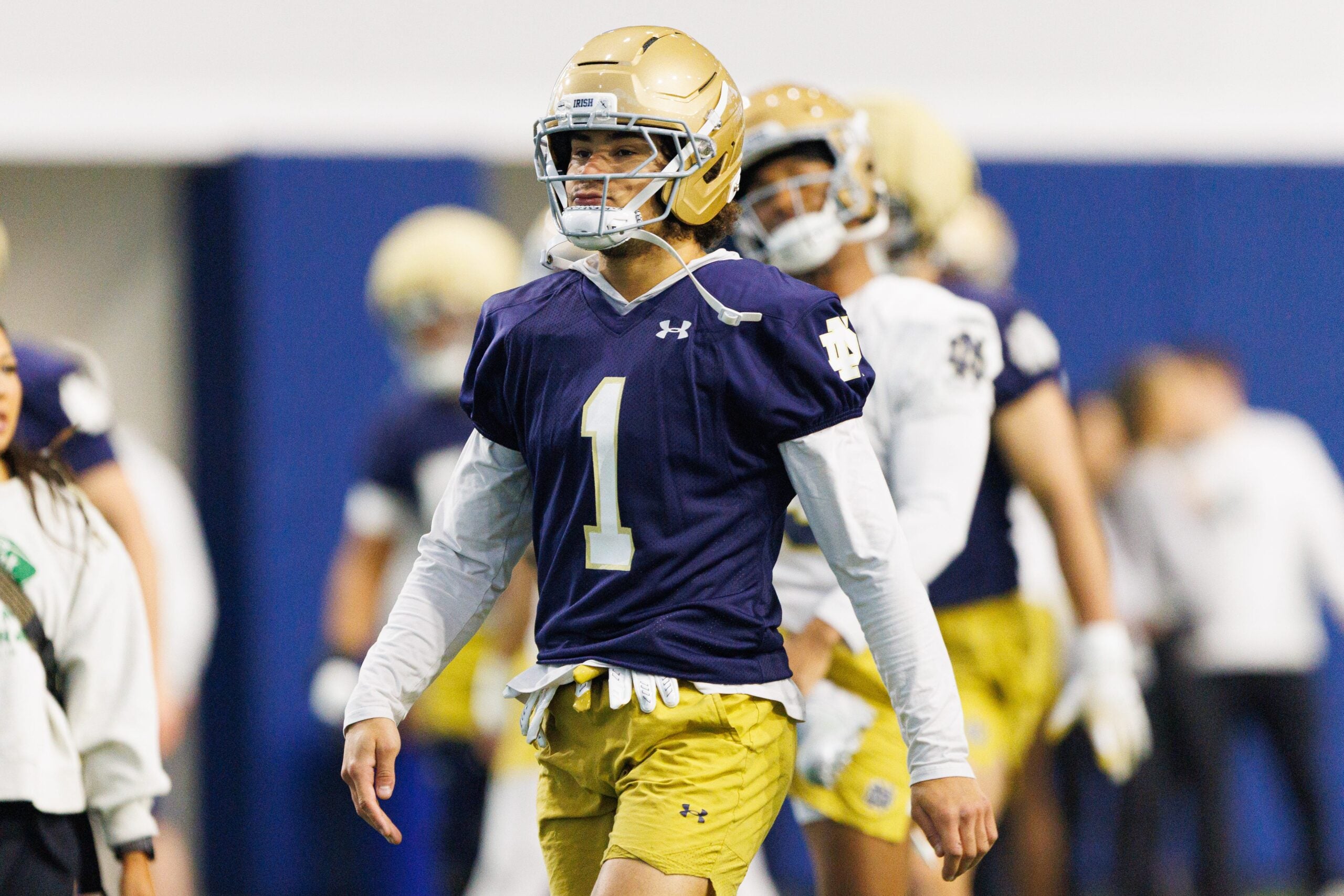 Wide receiver Jaden Greathouse (1) during a Notre Dame football practice at Irish Athletic Center on Friday, March 20, 2026, in South Bend.