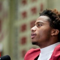 Aug. 4, 2025; Tuscaloosa, AL, USA; Alabama Crimson Tide players and coaches participate in a media day with reporters and fans at the Hank Crisp Indoor Practice Facility. Wide Receiver Ryan Williams speaks to members of the media.