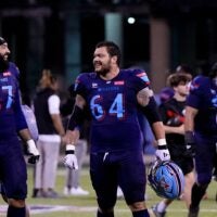 Columbus Aviators guard Aaron Monteiro (67), guard Chris Glaser (64) smile after the Aviators defeated the Dallas Renegades in their first victory in franchise history in the UFL at Historic Crew Stadium on Friday, April 17, 2026 in Columbus, Ohio.