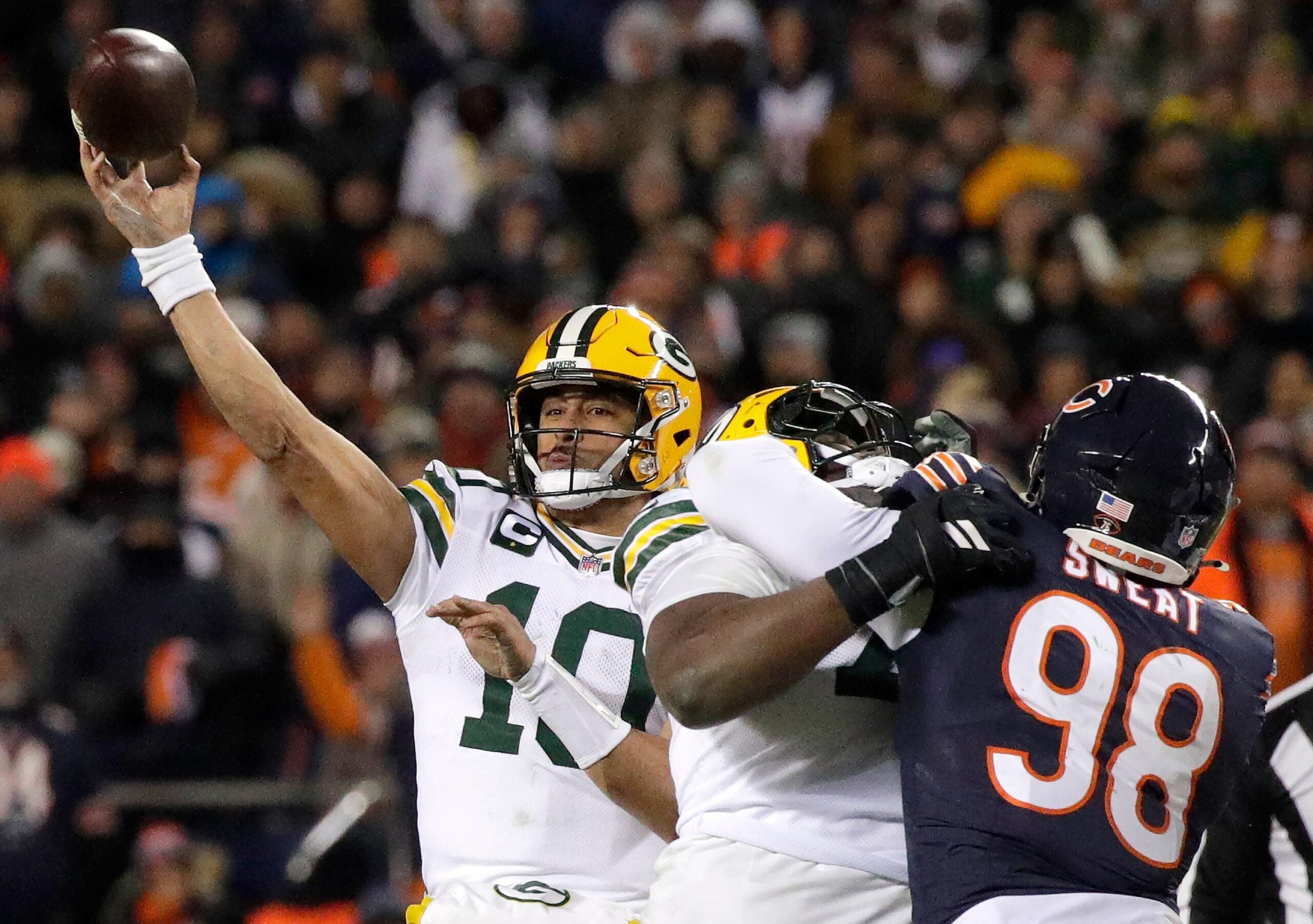 Green Bay Packers quarterback Jordan Love (10) against the Chicagp Bears during their wild-card playoff football game Saturday, January 10, 2026, at Soldier Field in Chicago, Illinois. The Bears defeated the Packers 31-27.