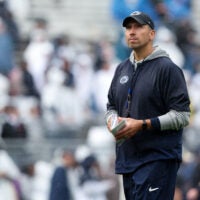 Apr 25, 2026; University Park, PA, USA; Penn State Nittany Lions head coach Matt Campbell looks on from the field during the Penn State Blue-White Spring game at Beaver Stadium.