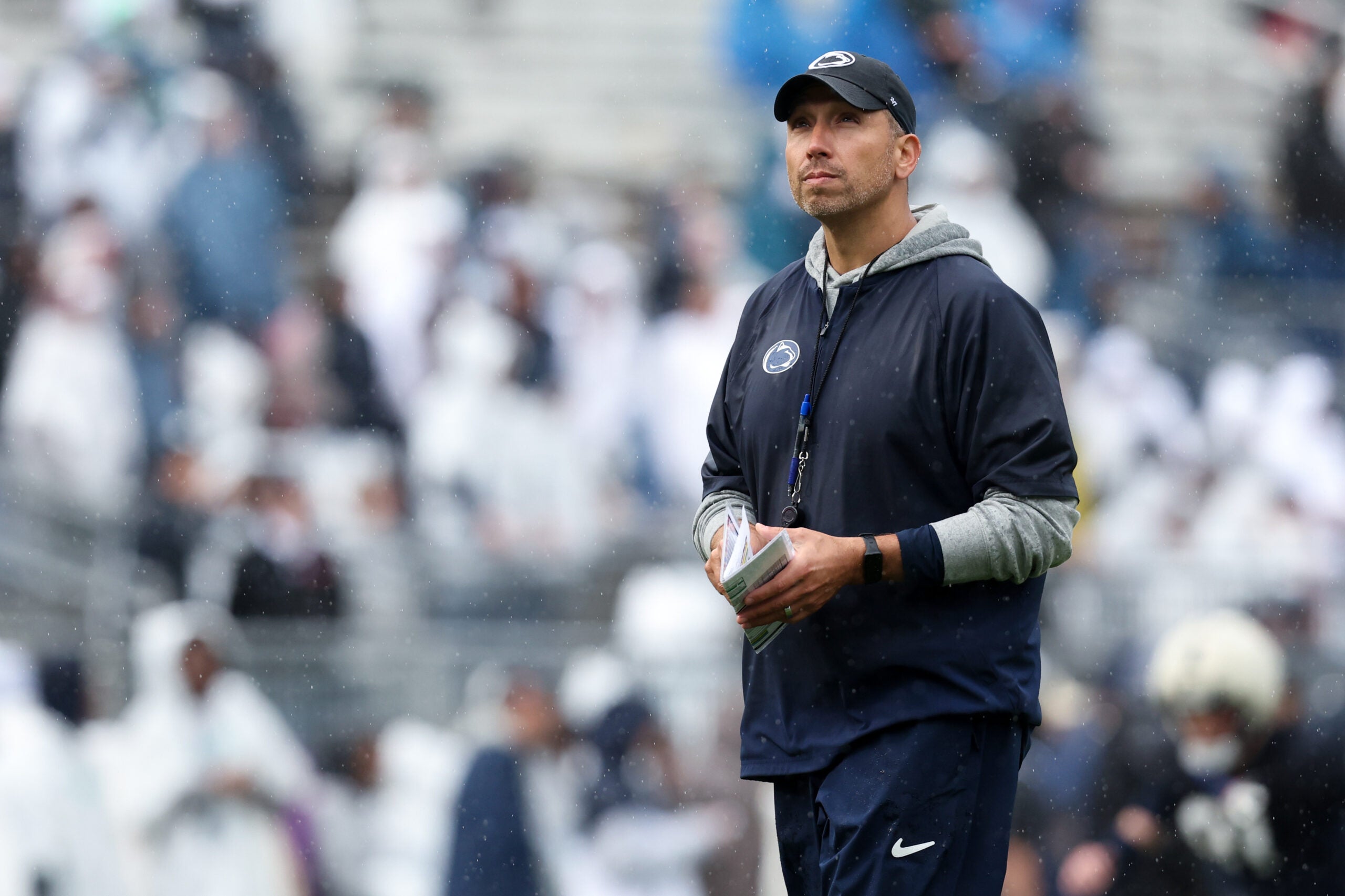 Apr 25, 2026; University Park, PA, USA; Penn State Nittany Lions head coach Matt Campbell looks on from the field during the Penn State Blue-White Spring game at Beaver Stadium.