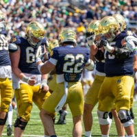 Apr 25, 2026; Notre Dame, IN, USA; Notre Dame Fighting Irish running back Aneyas Williams (22) celebrates scoring during the Blue-Gold game at Notre Dame Stadium.