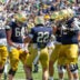Apr 25, 2026; Notre Dame, IN, USA; Notre Dame Fighting Irish running back Aneyas Williams (22) celebrates scoring during the Blue-Gold game at Notre Dame Stadium.