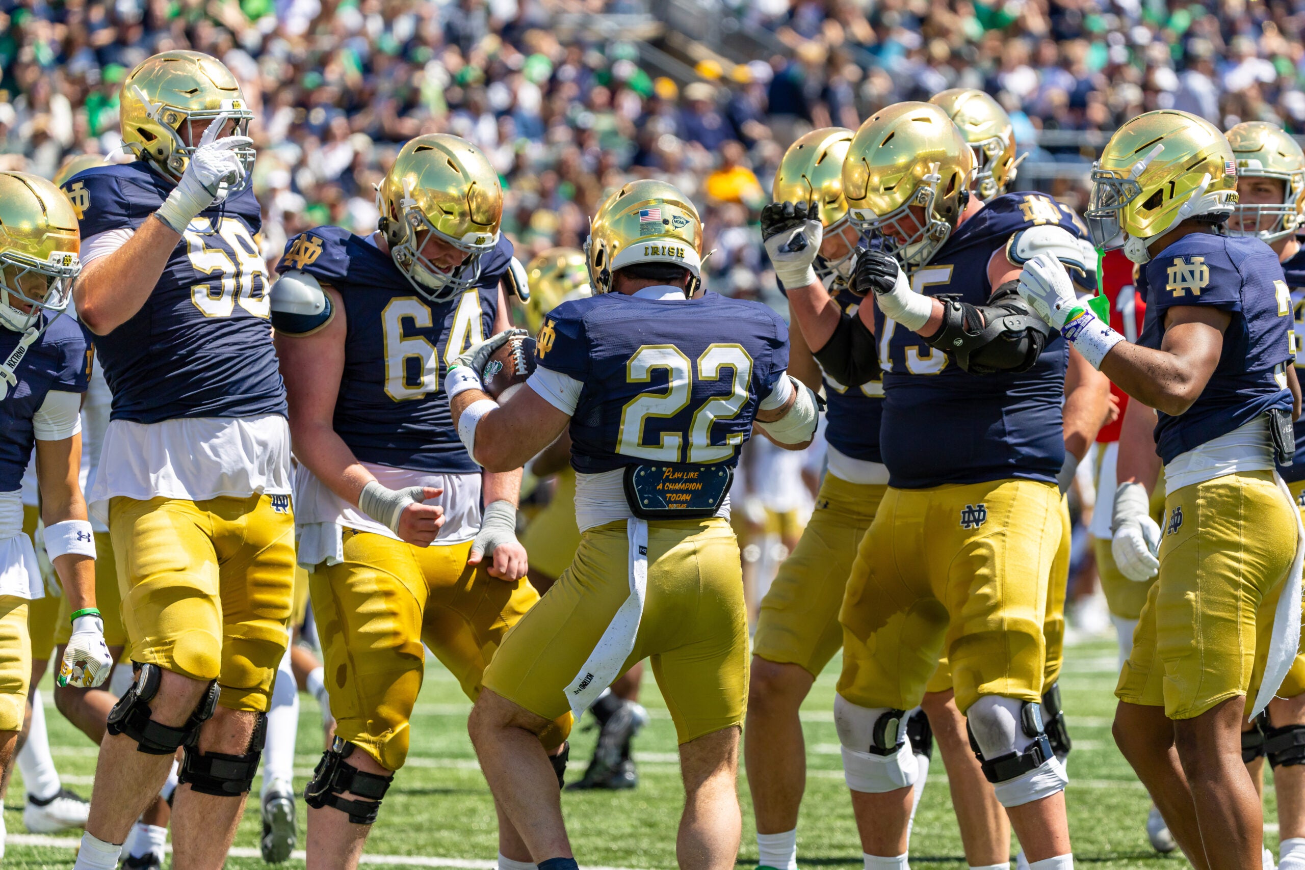 Apr 25, 2026; Notre Dame, IN, USA; Notre Dame Fighting Irish running back Aneyas Williams (22) celebrates scoring during the Blue-Gold game at Notre Dame Stadium.