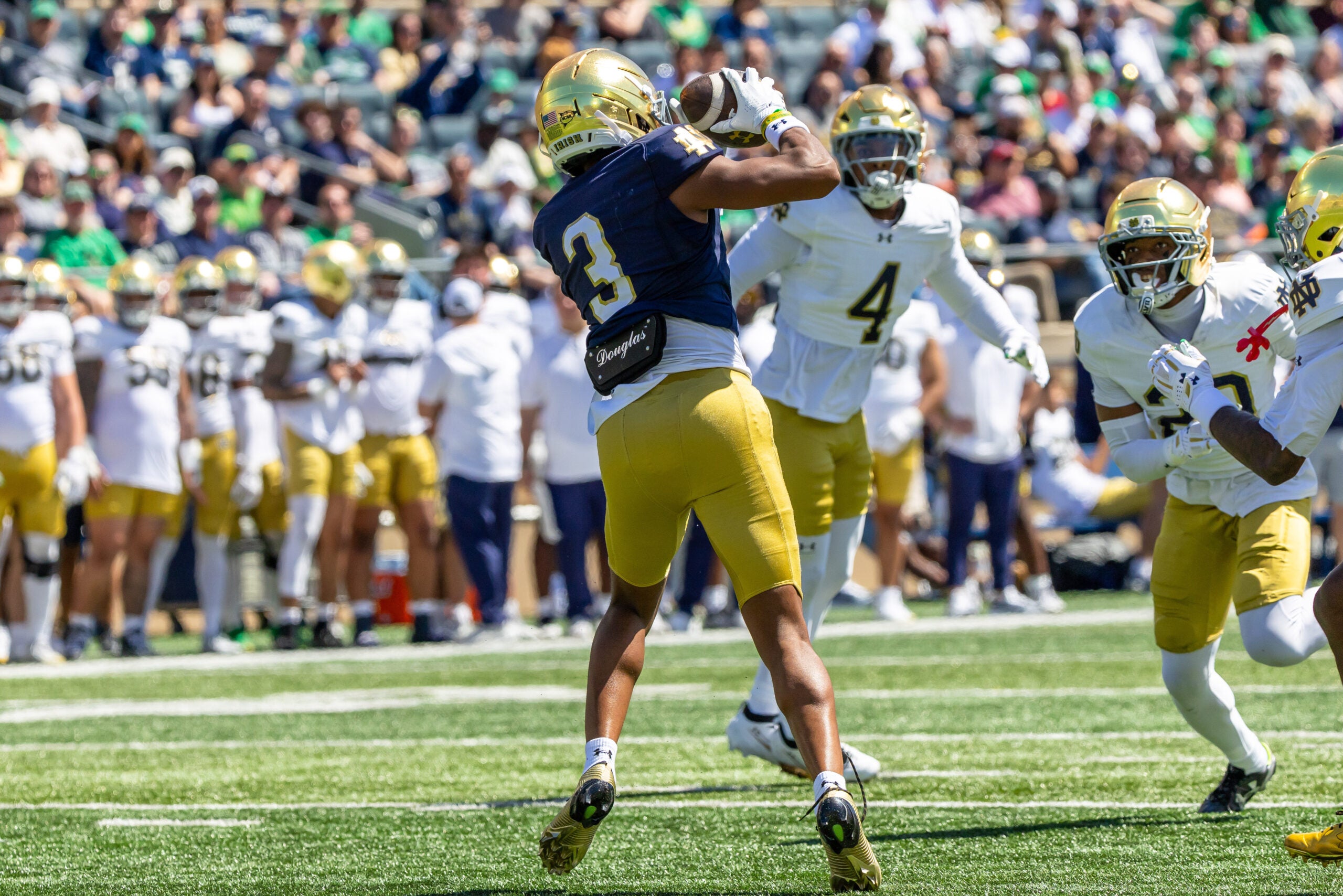 Apr 25, 2026; Notre Dame, IN, USA; Notre Dame Fighting Irish wide receiver Mylan Graham (3) makes a catch during the Blue-Gold game at Notre Dame Stadium.