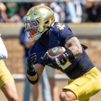 Apr 25, 2026; Notre Dame, IN, USA; Notre Dame Fighting Irish running back Nolan James Jr. (2) runs the ball during the Blue-Gold game at Notre Dame Stadium.