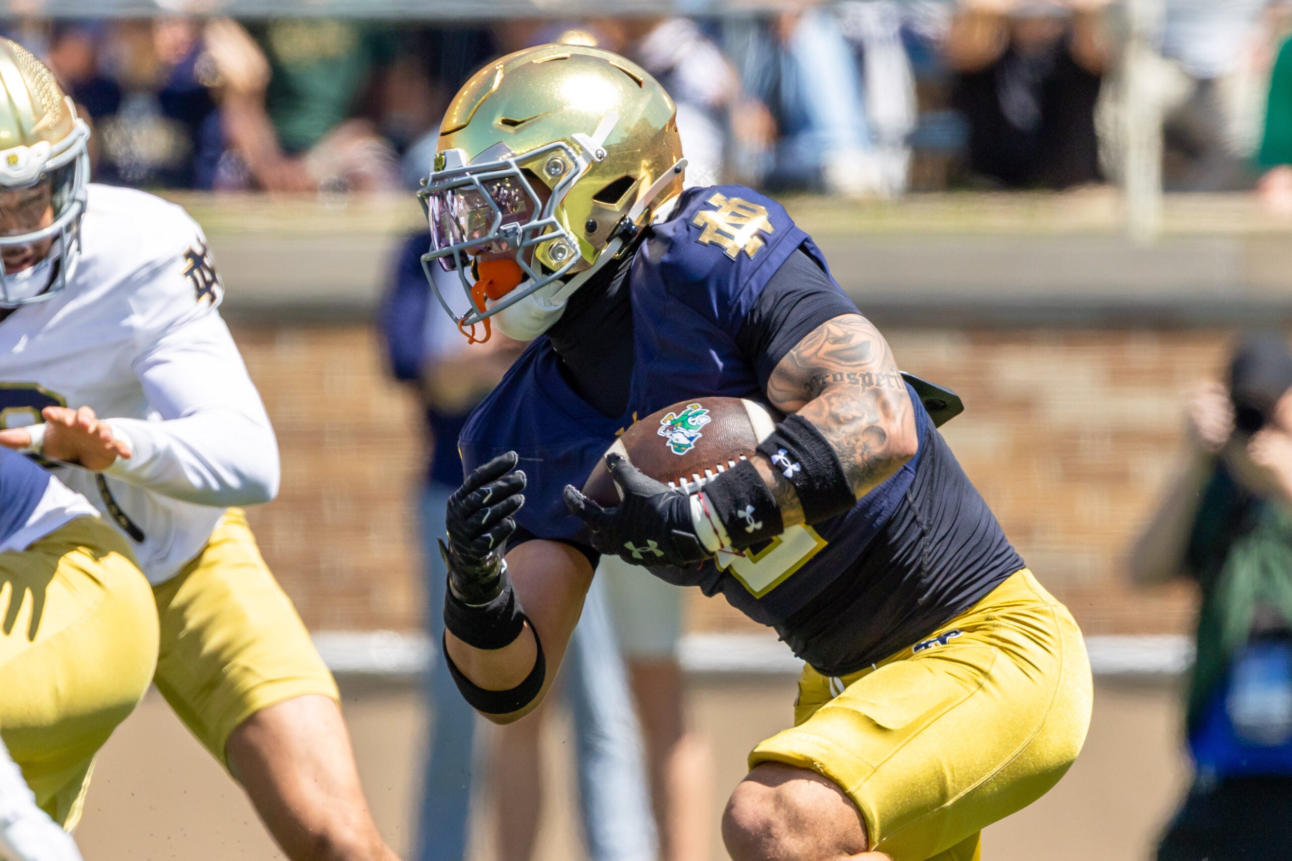 Apr 25, 2026; Notre Dame, IN, USA; Notre Dame Fighting Irish running back Nolan James Jr. (2) runs the ball during the Blue-Gold game at Notre Dame Stadium.