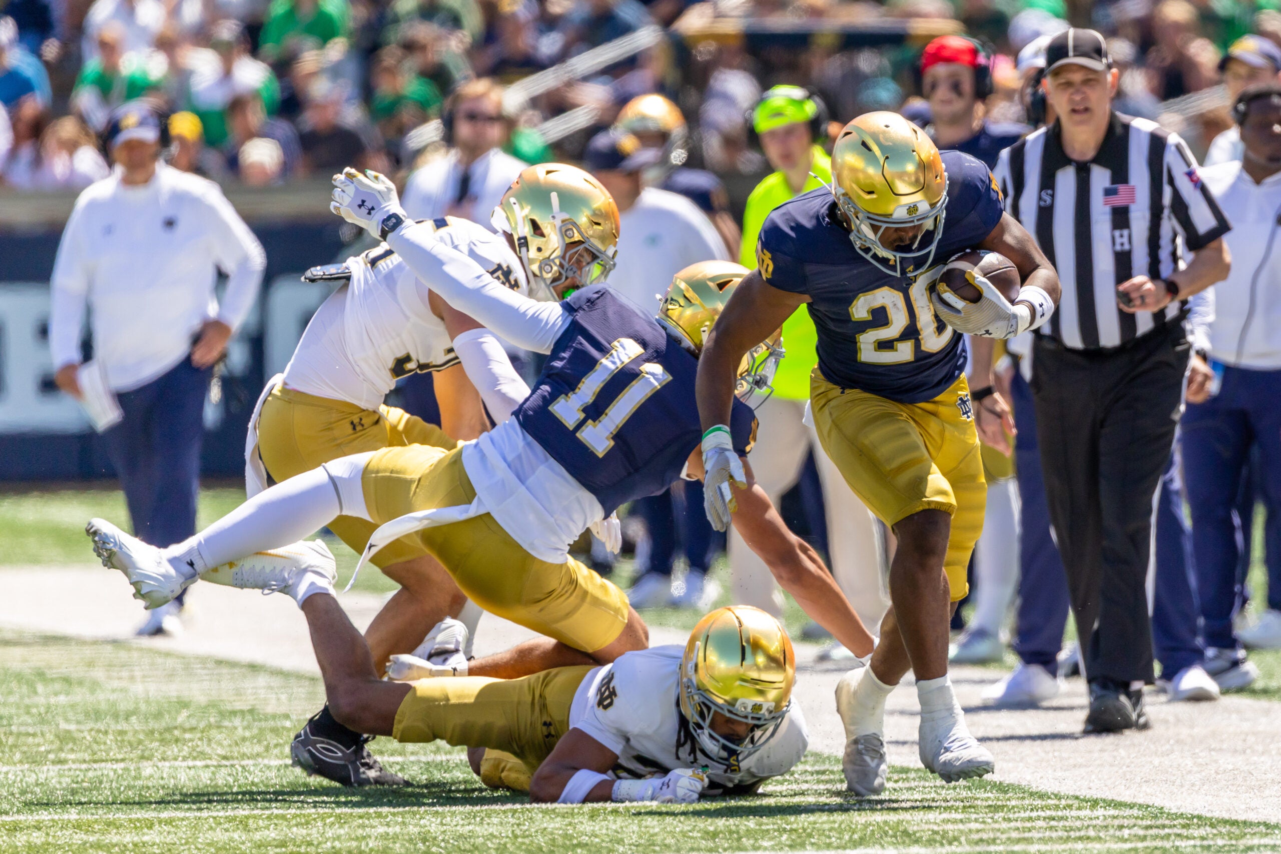Apr 25, 2026; Notre Dame, IN, USA; Notre Dame Fighting Irish running back Jonaz Walton (20) runs with the ball during the Blue-Gold game at Notre Dame Stadium.