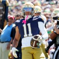 Notre Dame wide receiver Devin Fitzgerald during the Blue-Gold spring game at Notre Dame Stadium on Saturday, April 25, 2026, in South Bend.