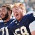 Notre Dame offensive linemen Matty Augustine (58) and Styles Prescod (71) celebrate after the Blue-Gold spring game at Notre Dame Stadium on Saturday, April 25, 2026, in South Bend.