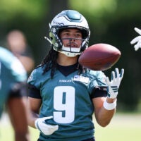 May 1, 2026; Philadelphia, PA, USA; Philadelphia Eagles wide receiver Makai Lemon (9) during rookie minicamp at NovaCare Complex.