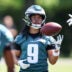 May 1, 2026; Philadelphia, PA, USA; Philadelphia Eagles wide receiver Makai Lemon (9) during rookie minicamp at NovaCare Complex.