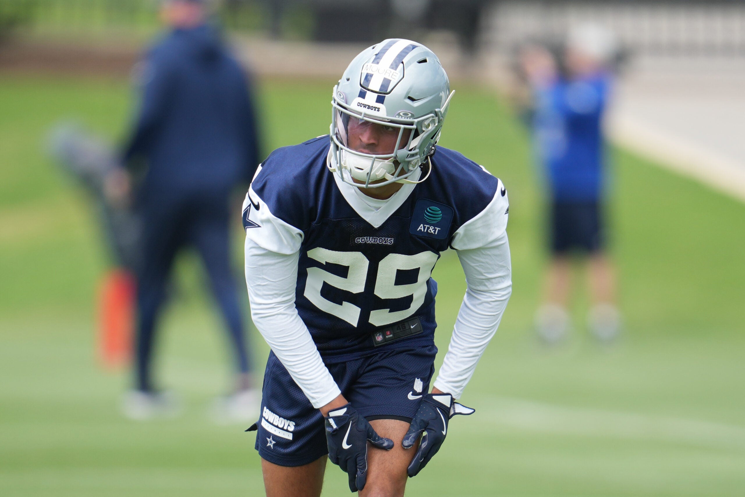 May 1, 2026; Frisco, TX, USA; Dallas Cowboys cornerback Devin Moore (29) goes through a drill during practice at the Ford Center at the Star Training Facility in Frisco, Texas.