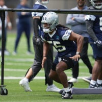 May 1, 2026; Frisco, TX, USA; Dallas Cowboys linebacker Jaishawn Barham (55) goes through a drill during practice at the Ford Center at the Star Training Facility in Frisco, Texas.