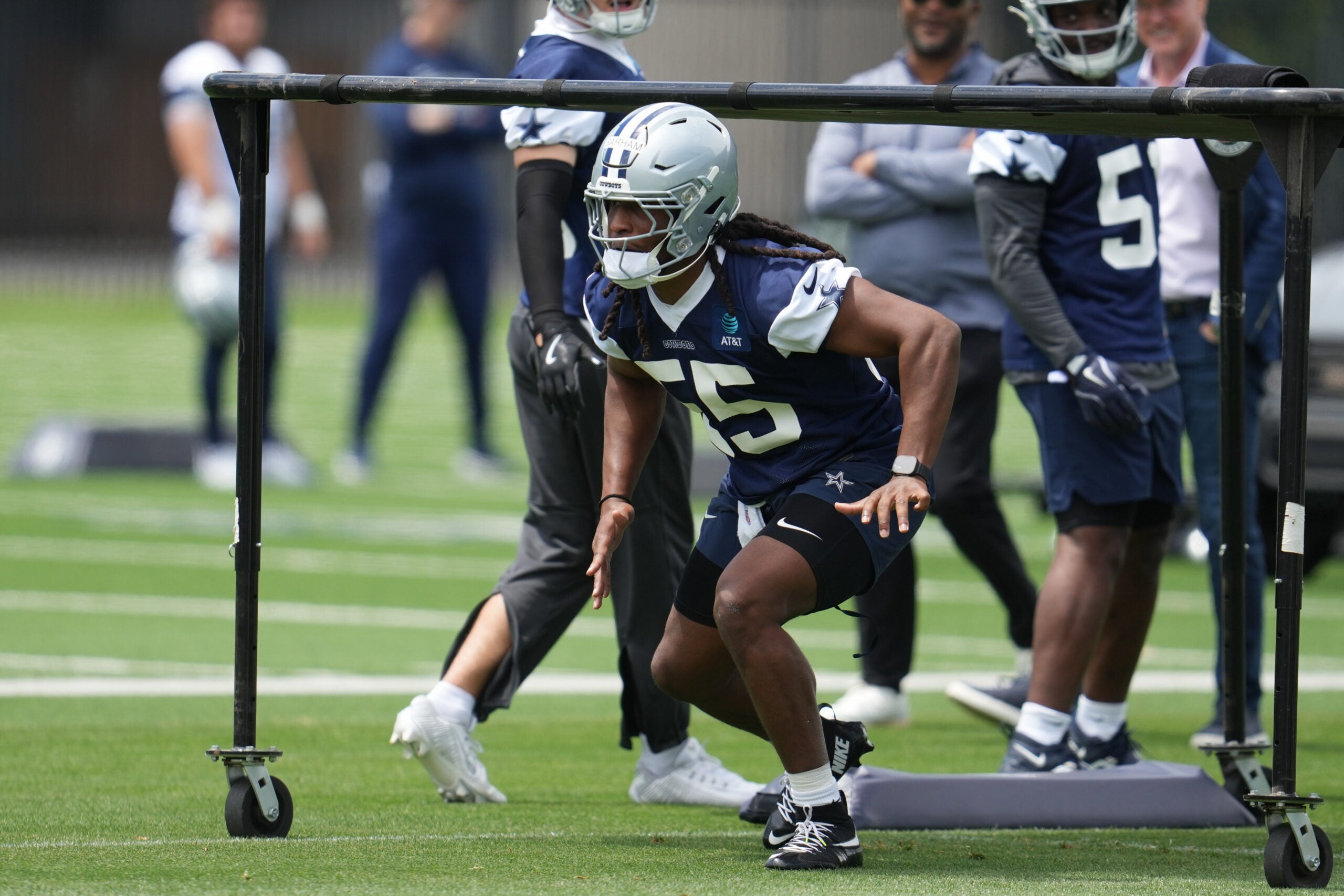 May 1, 2026; Frisco, TX, USA; Dallas Cowboys linebacker Jaishawn Barham (55) goes through a drill during practice at the Ford Center at the Star Training Facility in Frisco, Texas.