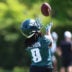 May 1, 2026; Philadelphia, PA, USA; Philadelphia Eagles wide receiver Makai Lemon (9) runs drills during rookie minicamp at NovaCare Complex.