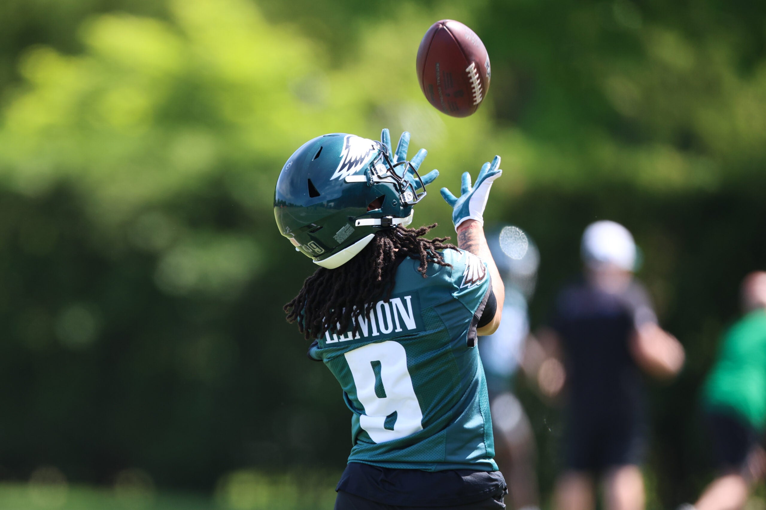 May 1, 2026; Philadelphia, PA, USA; Philadelphia Eagles wide receiver Makai Lemon (9) runs drills during rookie minicamp at NovaCare Complex.