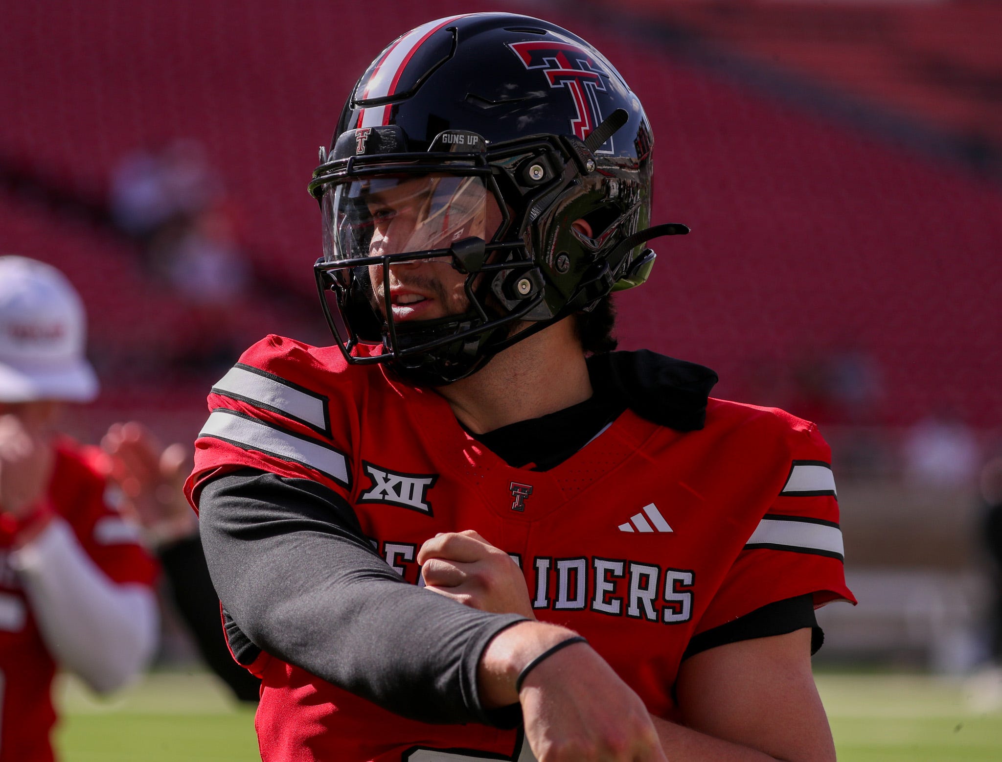 Texas Tech's Brendan Sorsby goes through warmups before the spring football game, Friday, April 17, 2026, at Jones AT&T Stadium.