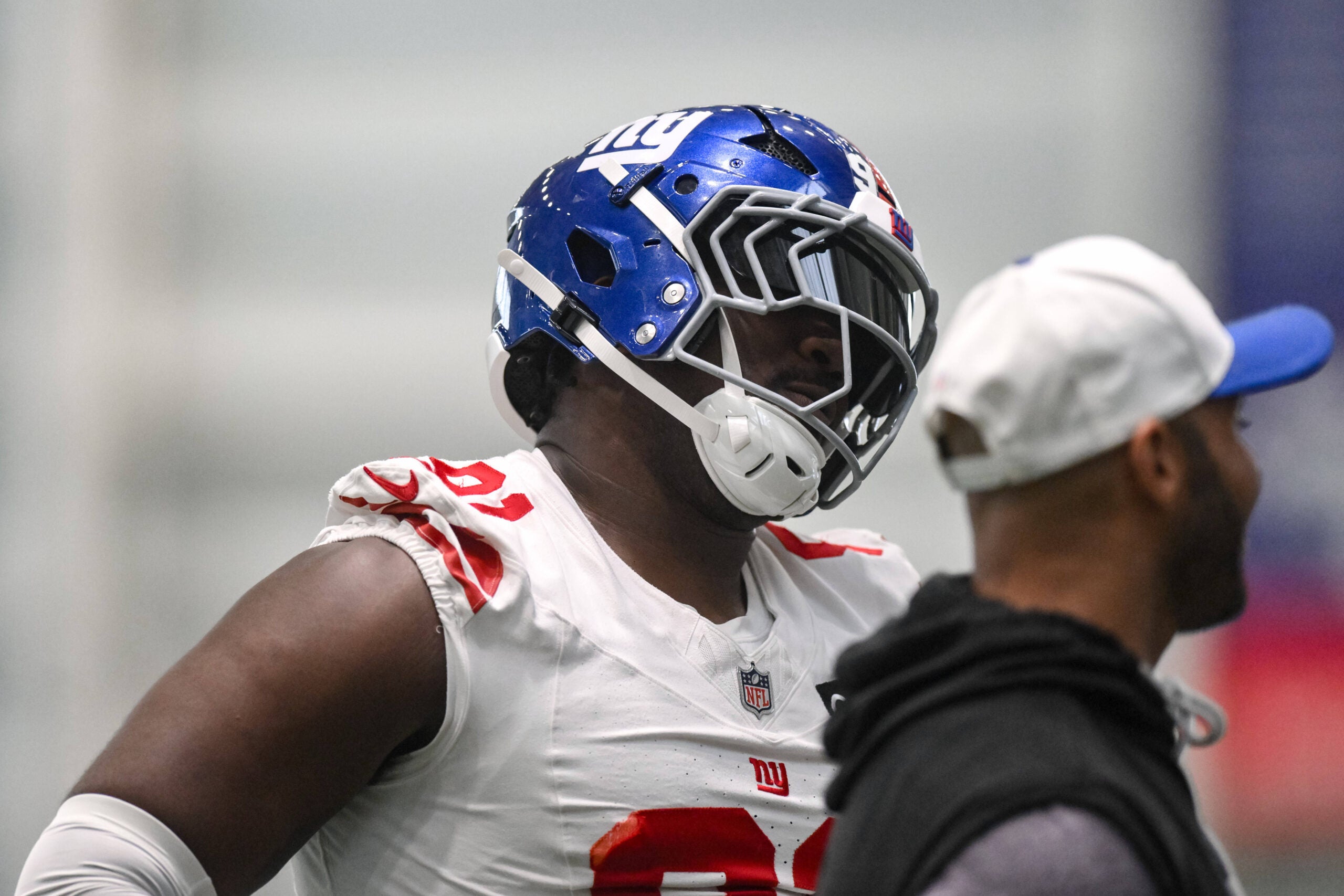 May 21, 2026; East Rutherford, NJ, USA; New York Giants defensive tackle Darius Alexander (91) looks on during organized team activities at Quest Diagnostics Training Center.