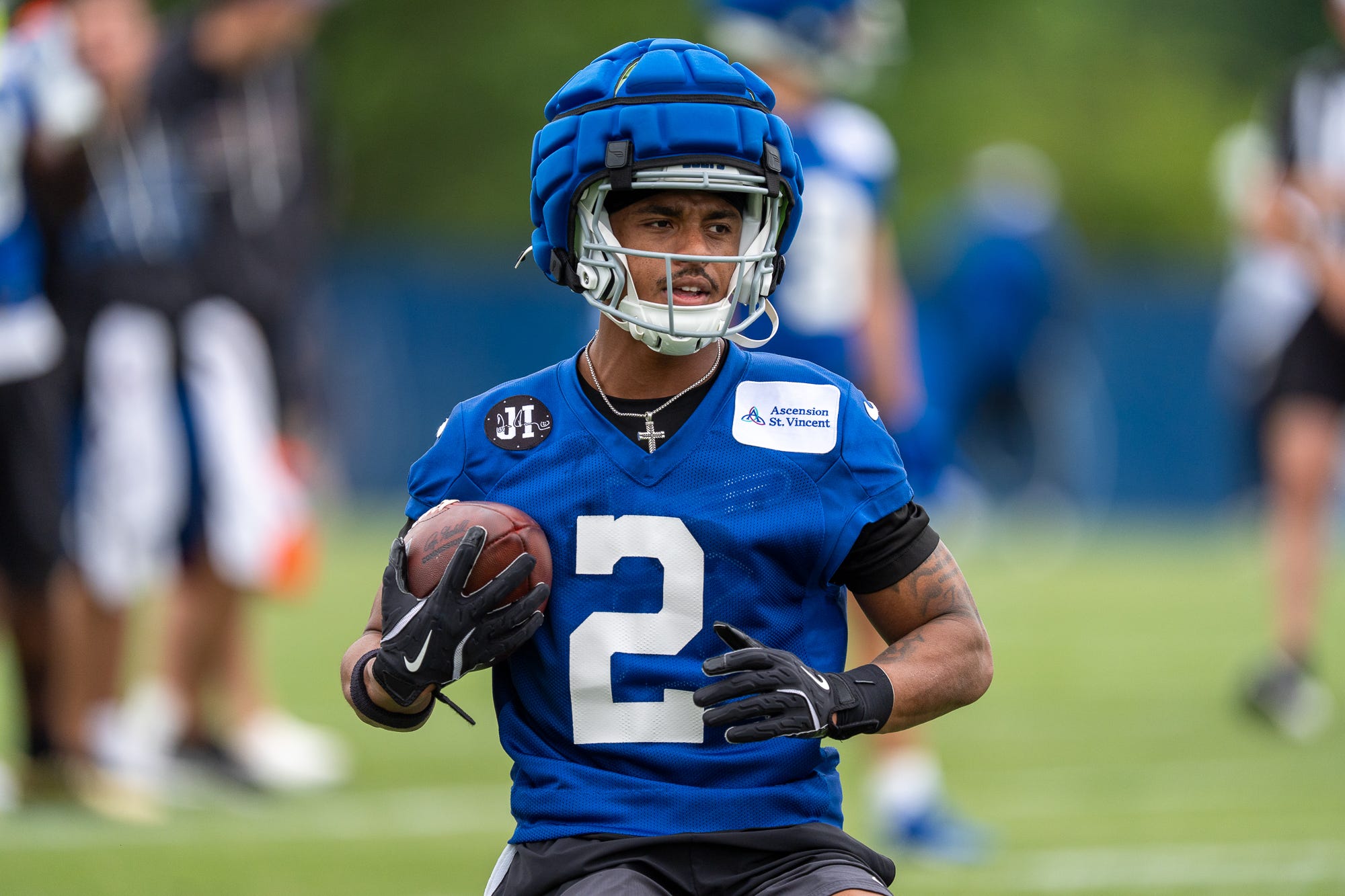 Indianapolis Colts wide receiver Josh Downs (2) pulls in a pass Monday, June 1, 2026, during practice at the Indiana Farm Bureau Football Center.