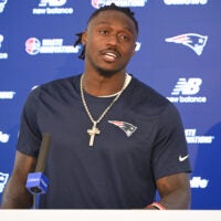 Jun 2, 2026; Foxborough, MA, USA; New England Patriots wide receiver A.J. Brown (1) speaks at a press conference after practice at the team's OTA at Gillette Stadium.