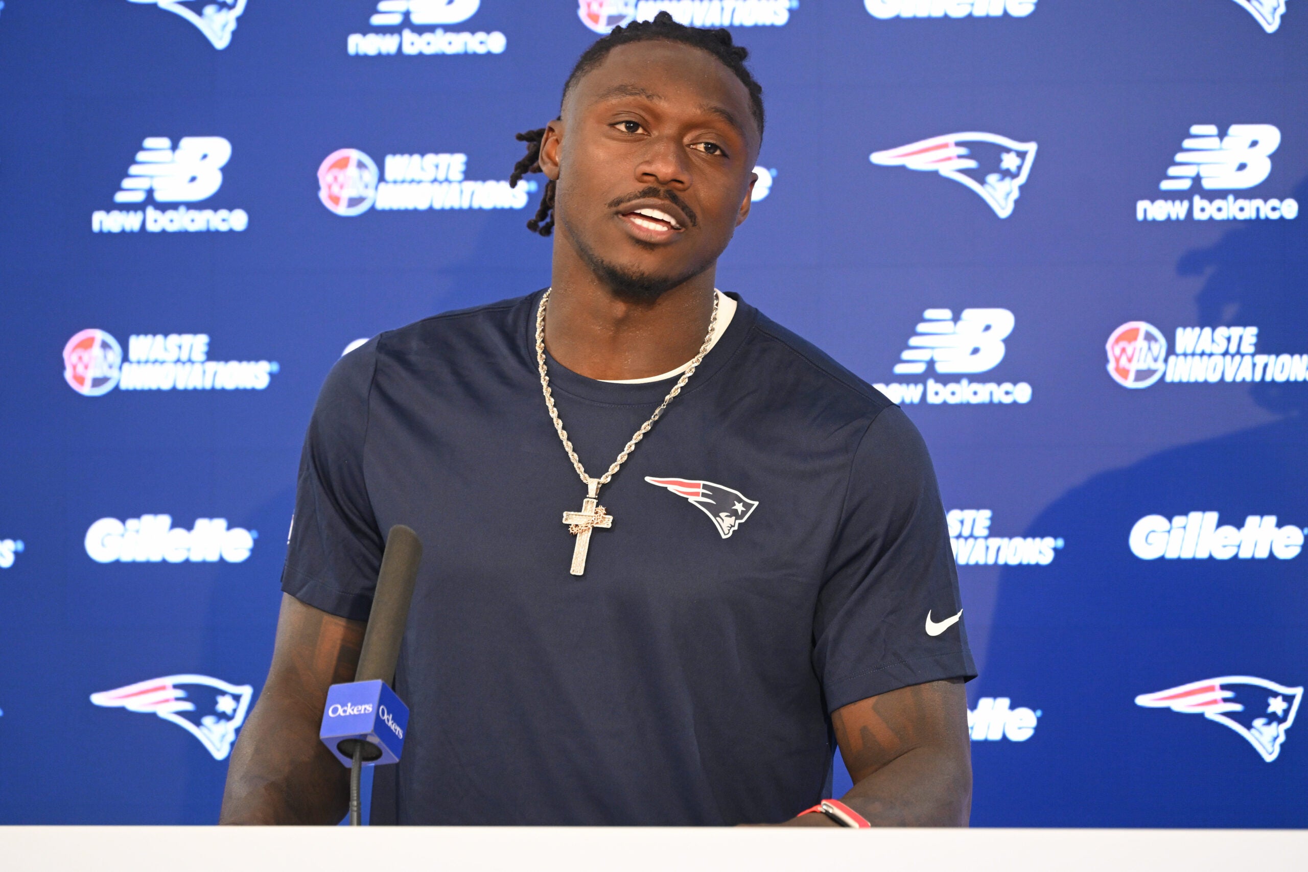Jun 2, 2026; Foxborough, MA, USA; New England Patriots wide receiver A.J. Brown (1) speaks at a press conference after practice at the team's OTA at Gillette Stadium.