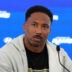 Jun 2, 2026; Woodland Hills, CA, USA; Los Angeles Rams defensive end Myles Garrett at press conference at Rams Practice Facility.