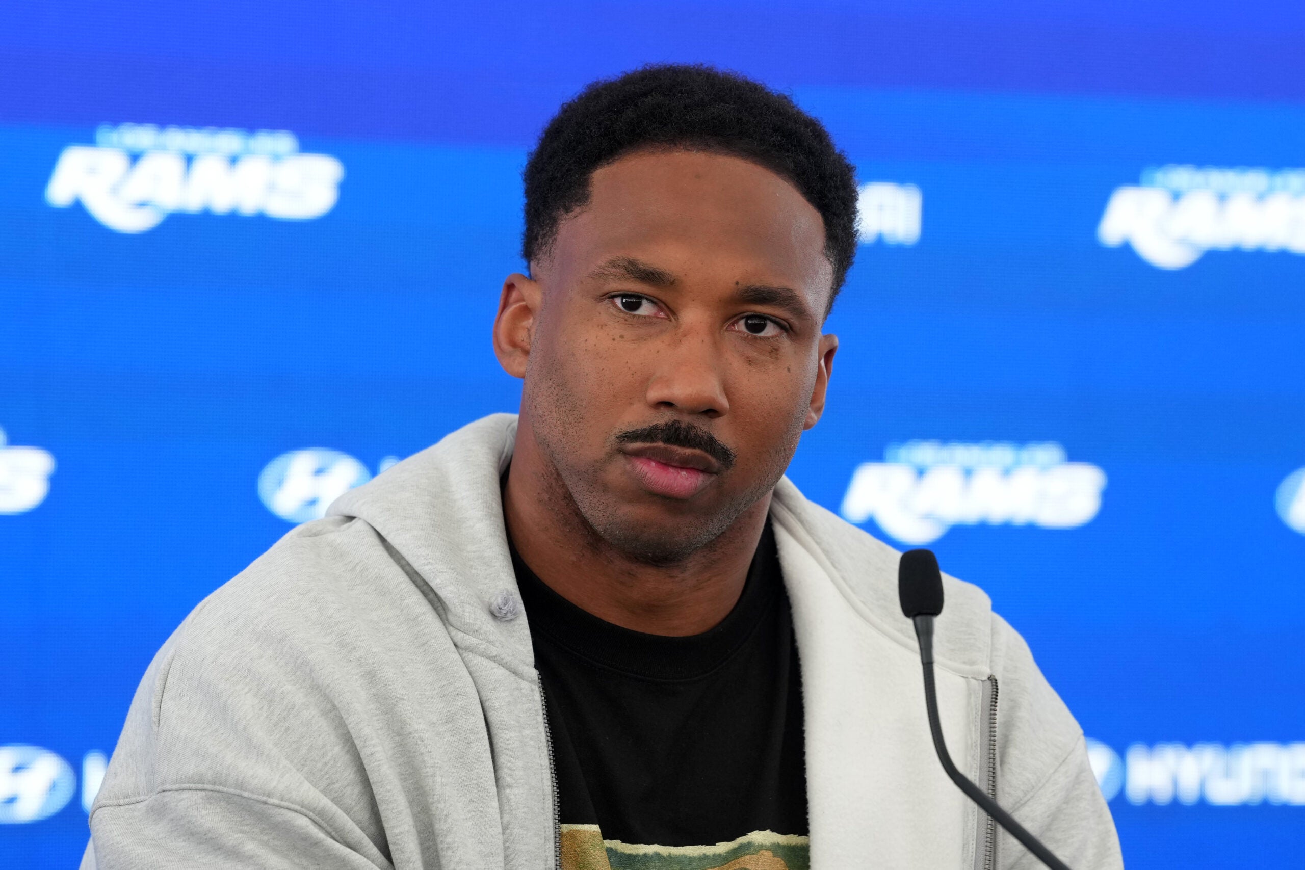 Jun 2, 2026; Woodland Hills, CA, USA; Los Angeles Rams defensive end Myles Garrett at press conference at Rams Practice Facility.
