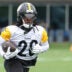 Jun 9, 2026; Pittsburgh, PA, USA; Pittsburgh Steelers running back Kaleb Johnson (20) participates in drills during Minicamp at UPMC Rooney Sports Complex.