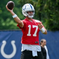 Jun 9, 2026; Indianapolis, IN, USA; Indianapolis Colts quarterback Daniel Jones (17) throws a pass during a drill during minicamp at Indiana Farm Bureau Football Center.