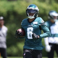 Jun 9, 2026; Philadelphia, PA, USA; Philadelphia Eagles wide receiver DeVonta Smith (6) runs drills during minicamp at Jefferson Health Training Complex.