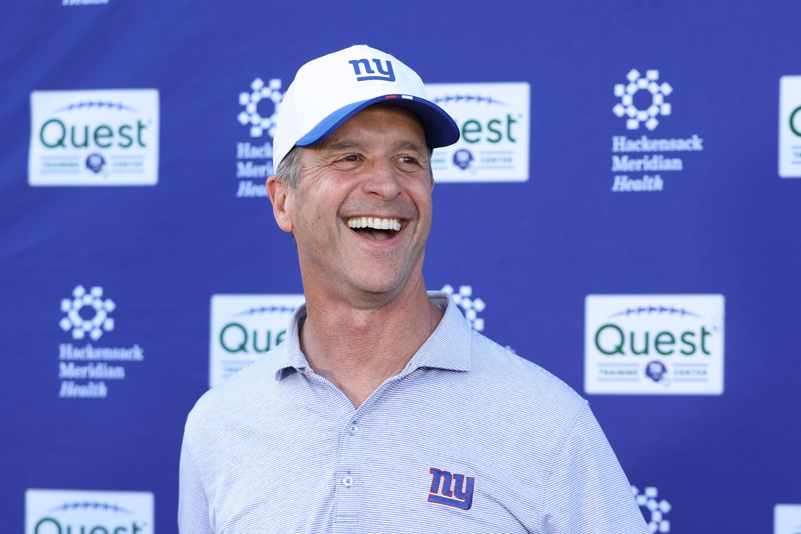 Jun 9, 2026; East Rutherford, NJ, USA; New York Giants head coach John Harbaugh answers questions from the press after the minicamp activities at Quest Diagnostics Center.