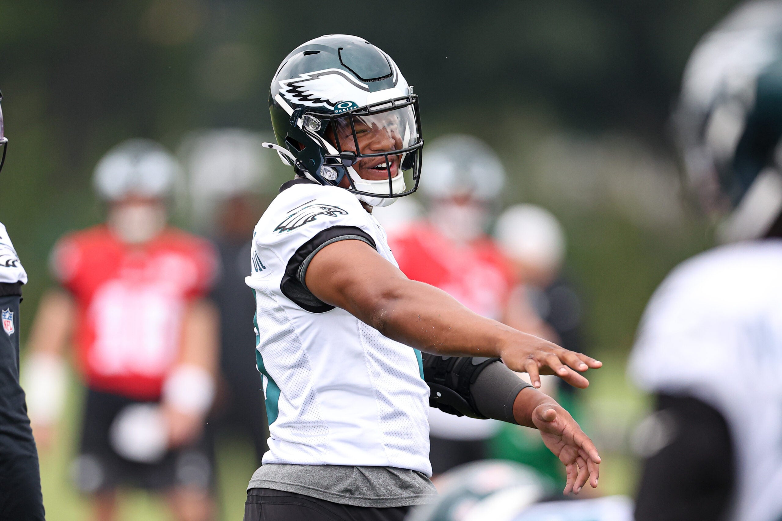 Jun 10, 2026; Philadelphia, PA, USA; Philadelphia Eagles linebacker Nolan Smith Jr. (3) during minicamp at Jefferson Health Training Complex.