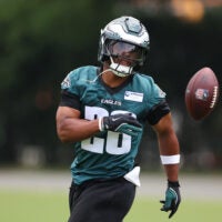 Jun 10, 2026; Philadelphia, PA, USA; Philadelphia Eagles running back Saquon Barkley (26) runs a drill during minicamp at Jefferson Health Training Complex.