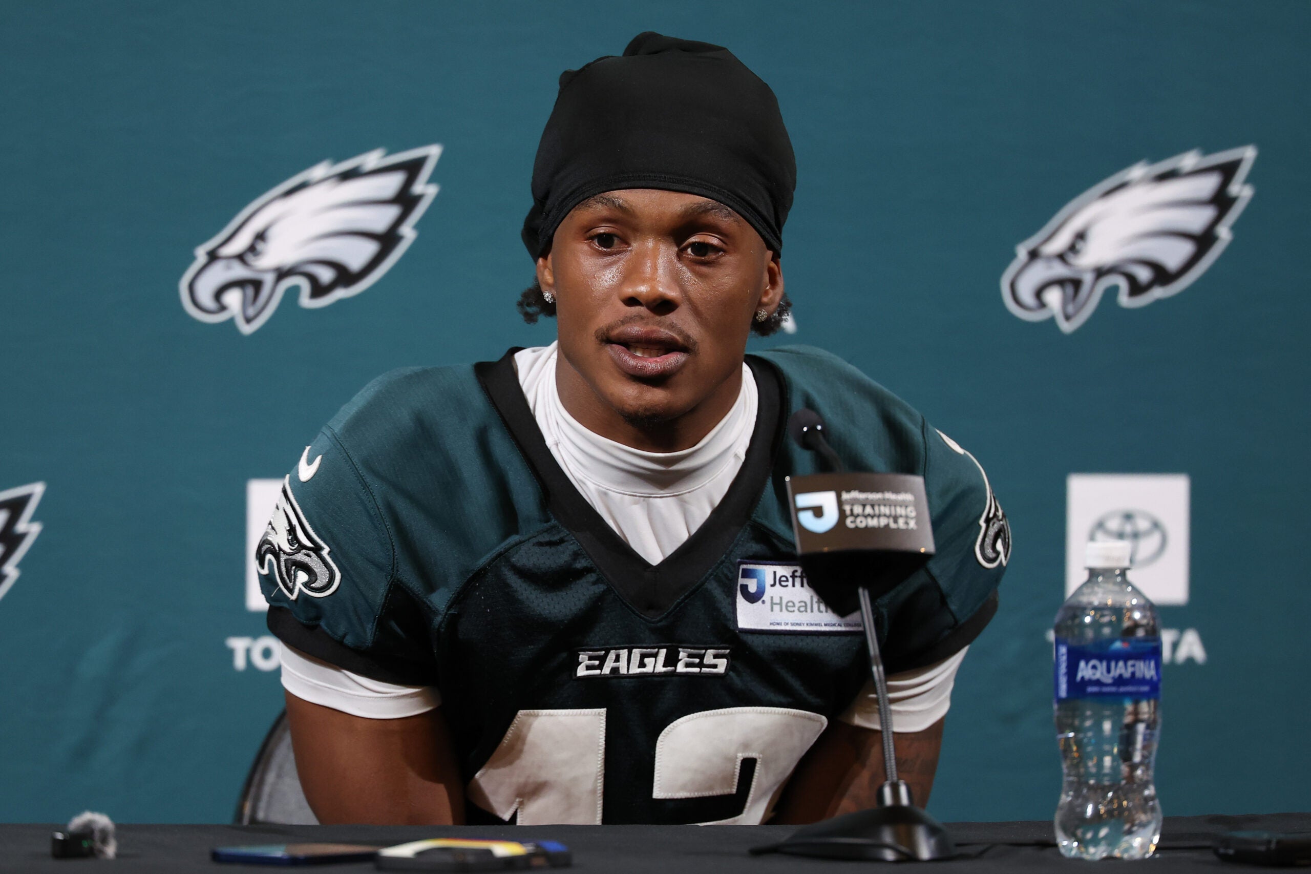 Jun 10, 2026; Philadelphia, PA, USA; Philadelphia Eagles wide receiver Dontayvion Wicks (13) speaks with the media at minicamp at Jefferson Health Training Complex.