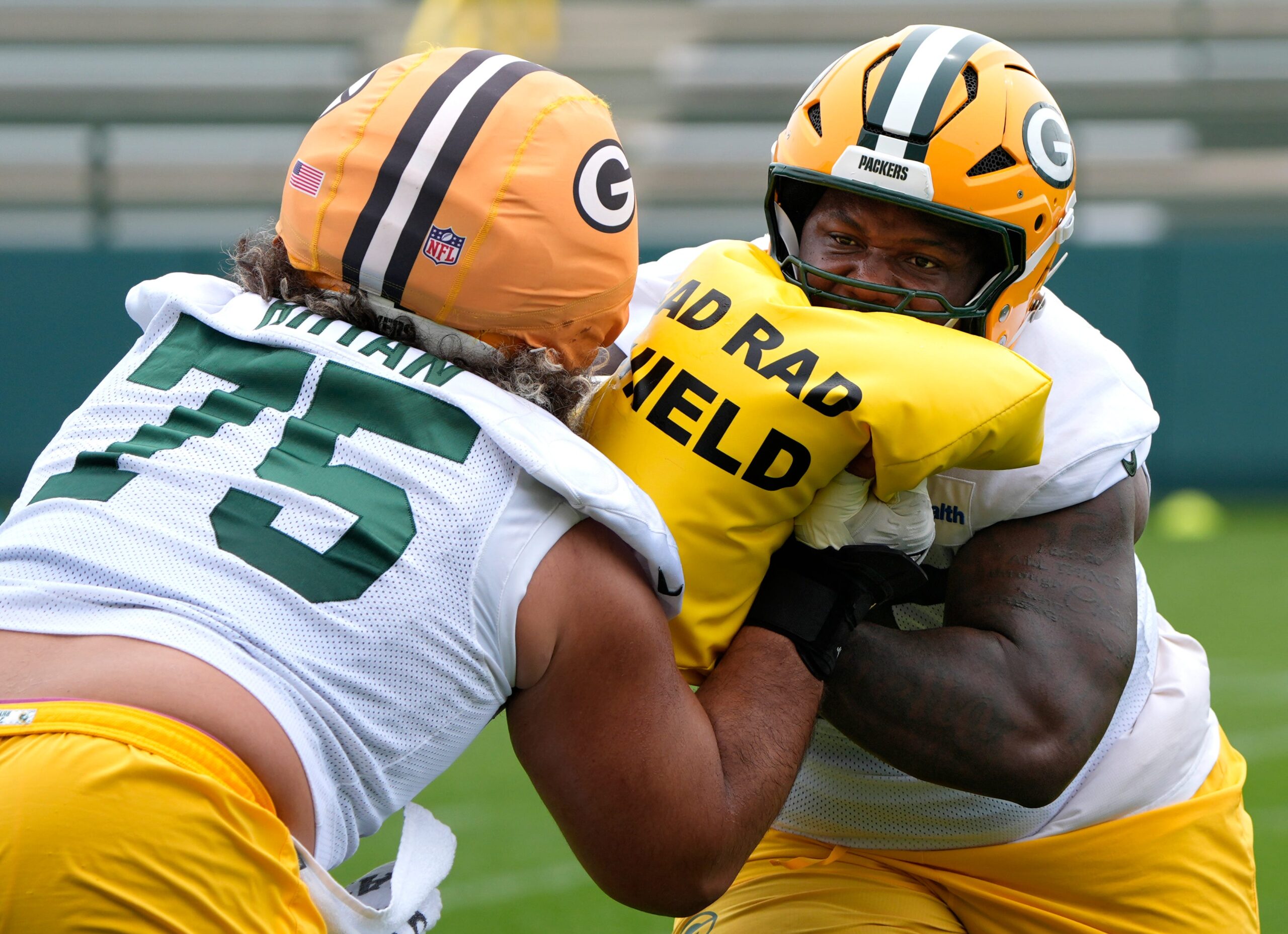 Green Bay Packers Sean Rhyan (75) and Dillon Wade (68) participate in mandatory minicamp Thursday, June 11, 2026, at the Don Hutson Center in Green Bay, Wisconsin.