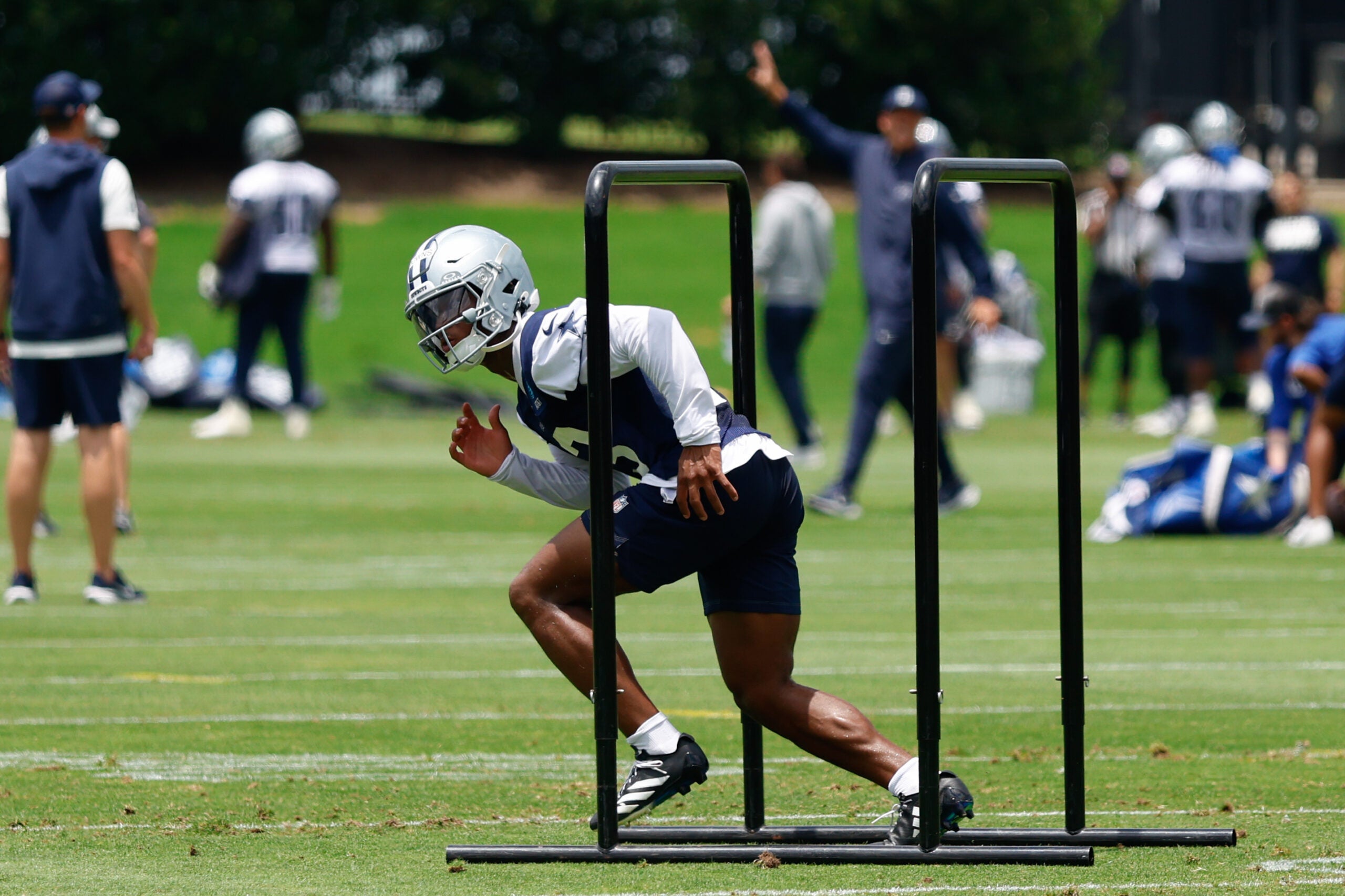 Jun 16, 2026; Dallas, TX, USA; Dallas Cowboys safety Caleb Downs (13) goes through a drill during practice at the Ford Center at the Star Training Facility in Frisco, Texas.