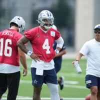 Jun 16, 2026; Dallas, TX, USA; Dallas Cowboys quarterback Dak Prescott (4) goes through a drill during practice at the Ford Center at the Star Training Facility in Frisco, Texas.