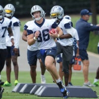 Jun 16, 2026; Dallas, TX, USA; Dallas Cowboys tight end Luke Schoonmaker (86) goes through a drill during practice at the Ford Center at the Star Training Facility in Frisco, Texas.