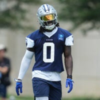 Jun 16, 2026; Dallas, TX, USA; Dallas Cowboys linebacker DeMarvion Overshown (0) goes through a drill during practice at the Ford Center at the Star Training Facility in Frisco, Texas.
