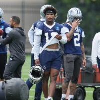 Jun 16, 2026; Dallas, TX, USA; Dallas Cowboys safety Caleb Downs (13) takes a break during practice at the Ford Center at the Star Training Facility in Frisco, Texas.
