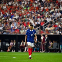 Jul 14, 2026; Arlington, Texas, USA; France forward Kylian Mbappe (10) in action during a semifinal match between France and Spain in the 2026 FIFA World Cup at Dallas Stadium.