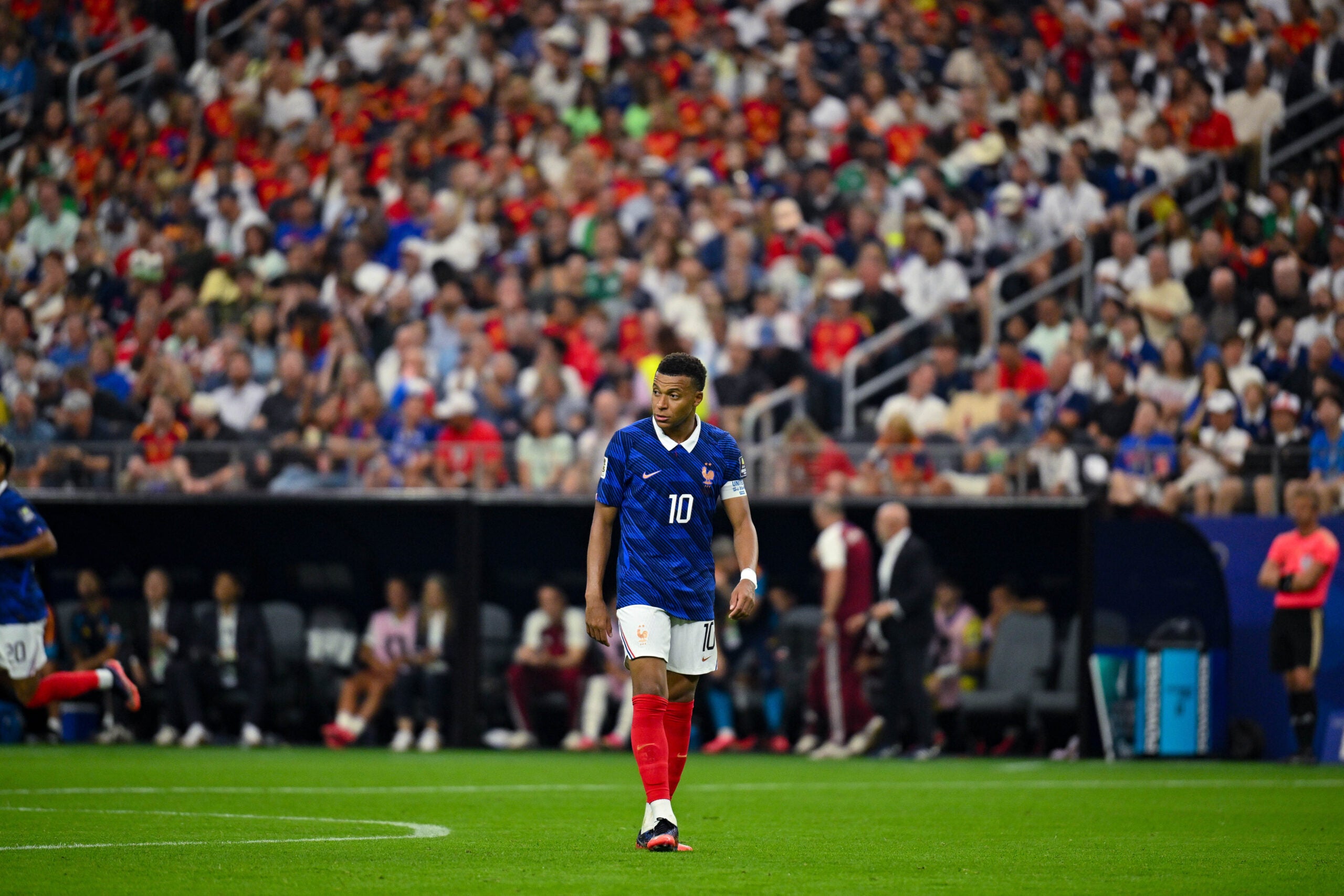 Jul 14, 2026; Arlington, Texas, USA; France forward Kylian Mbappe (10) in action during a semifinal match between France and Spain in the 2026 FIFA World Cup at Dallas Stadium.