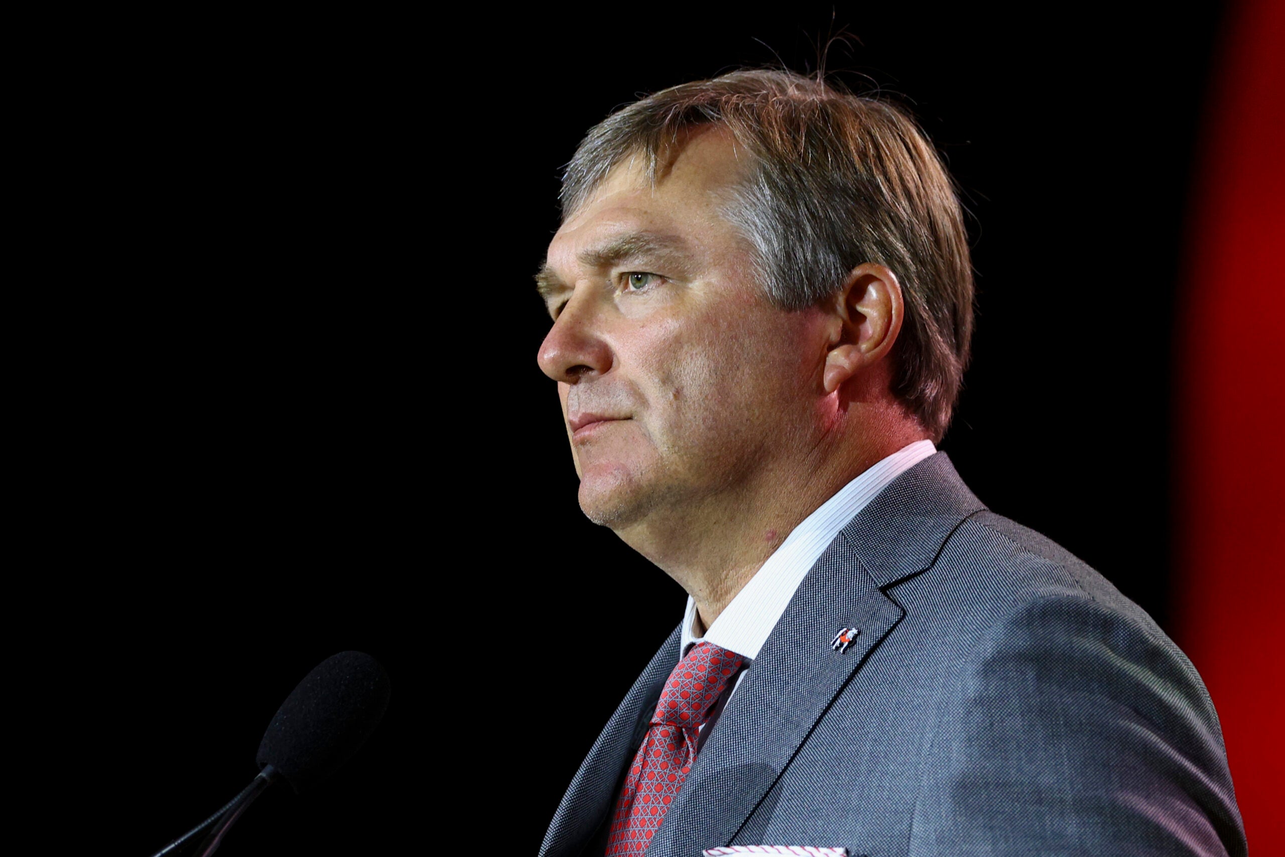 Jul 21, 2026; Tampa, FL, USA; Georgia Bulldogs head coach Kirby Smart speaks to the press during SEC Football Kickoff Media Day at the Tampa Marriott.