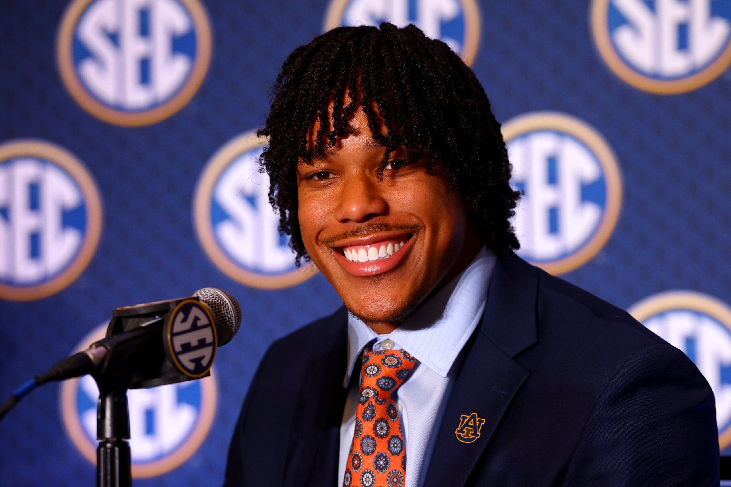 Jul 21, 2026; Tampa, FL, USA; Auburn Tigers quarterback Byrum Brown (17) speaks to the press during SEC Football Kickoff Media Day at the Tampa Marriott.