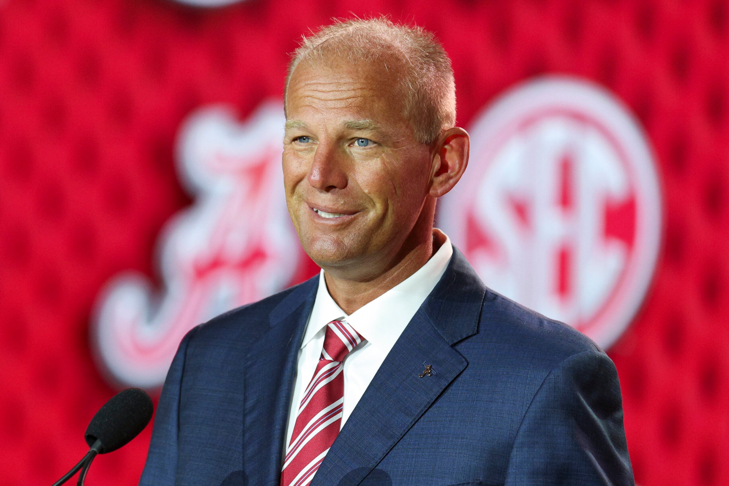 Jul 22, 2026; Tampa, FL, USA; Alabama Crimson Tide head coach Kalen Deboer speaks to the press during SEC Football Kickoff Media Day at the Tampa Marriott.