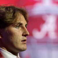Jul 22, 2026; Tampa, FL, USA; Alabama Crimson Tide defensive back Bray Hubbard (18) to the press during SEC Football Kickoff Media Day at the Tampa Marriott.