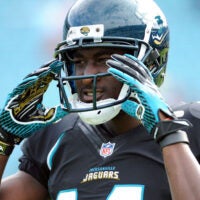 Dec 23, 2012; Jacksonville, FL, USA; Jacksonville Jaguars wide receiver Justin Blackmon (14) warms up before the start of the game against the New England Patriots at EverBank Field.