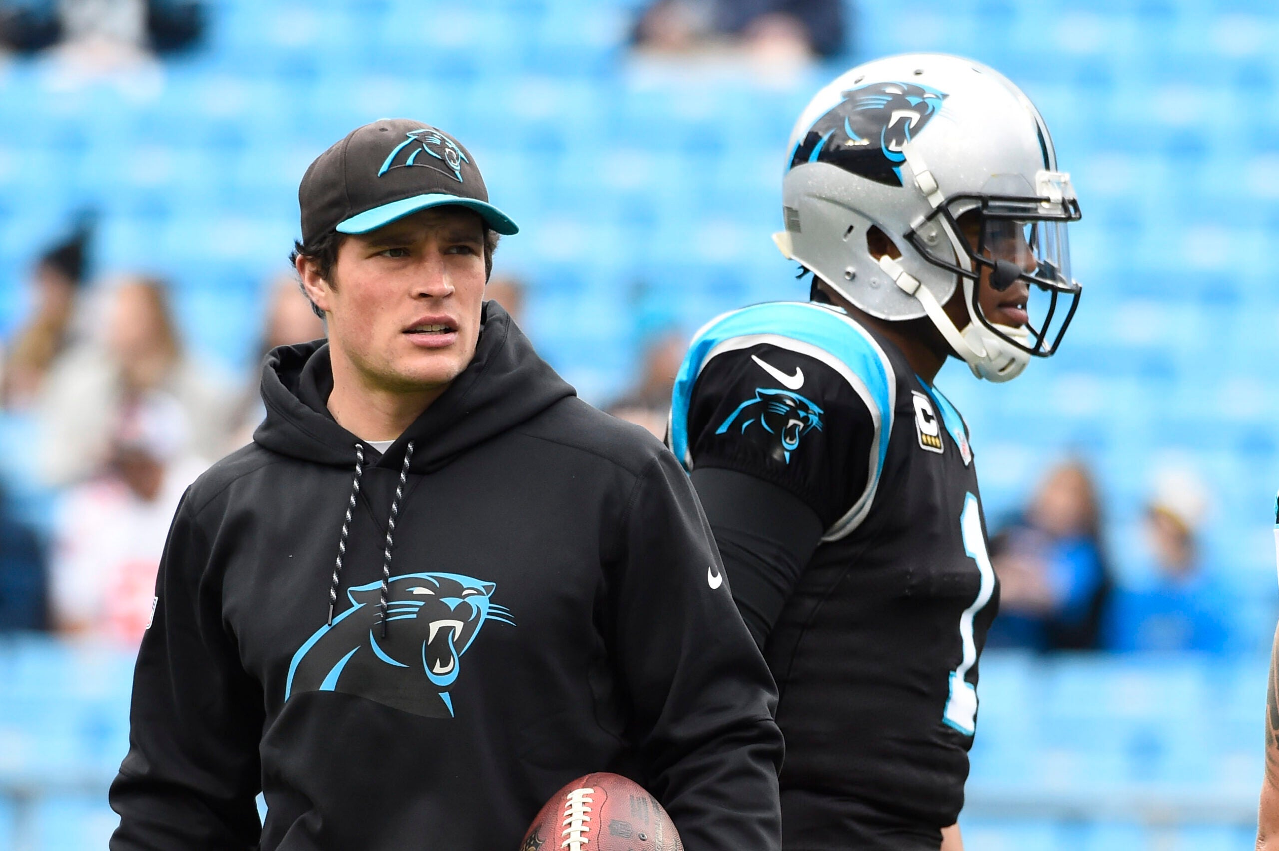 Dec 24, 2016; Charlotte, NC, USA; Carolina Panthers middle linebacker Luke Kuechly (59) and quarterback Cam Newton (1) before the game at Bank of America Stadium.